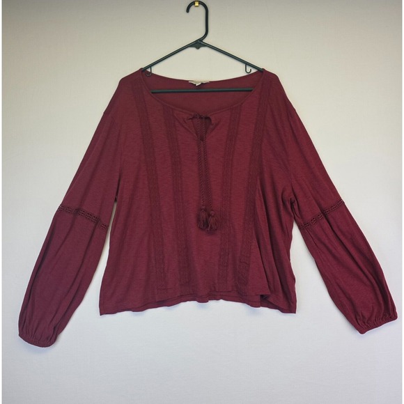 Lucky Brand Top Womens L Maroon‎ Tassel Lace Trim Peasant Boho Western Festival - Picture 1 of 13